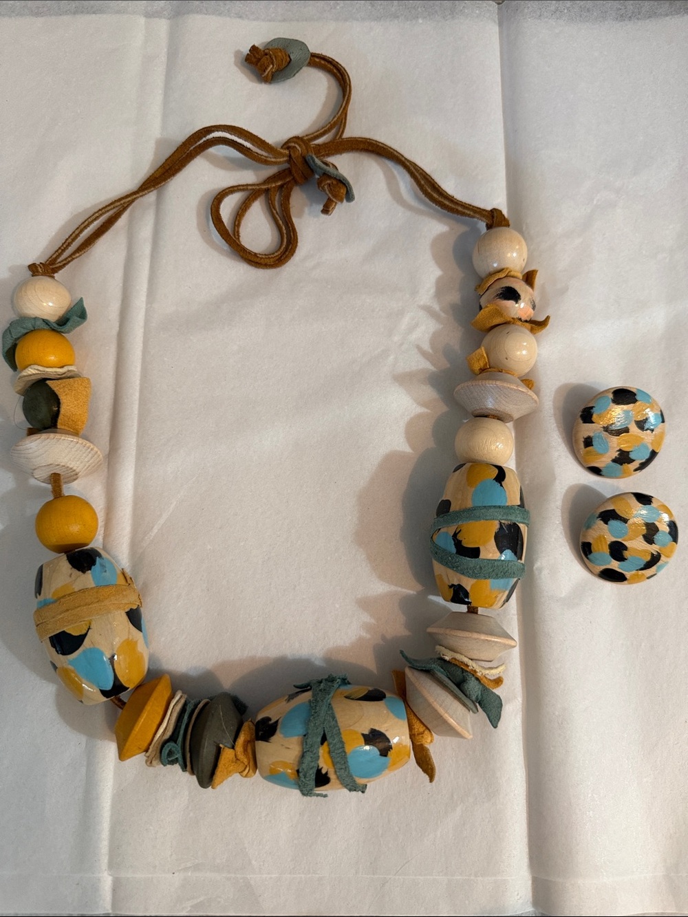 Vintage Pipaluk Artistic Painted Bead Necklace with Matching Clip Earrings